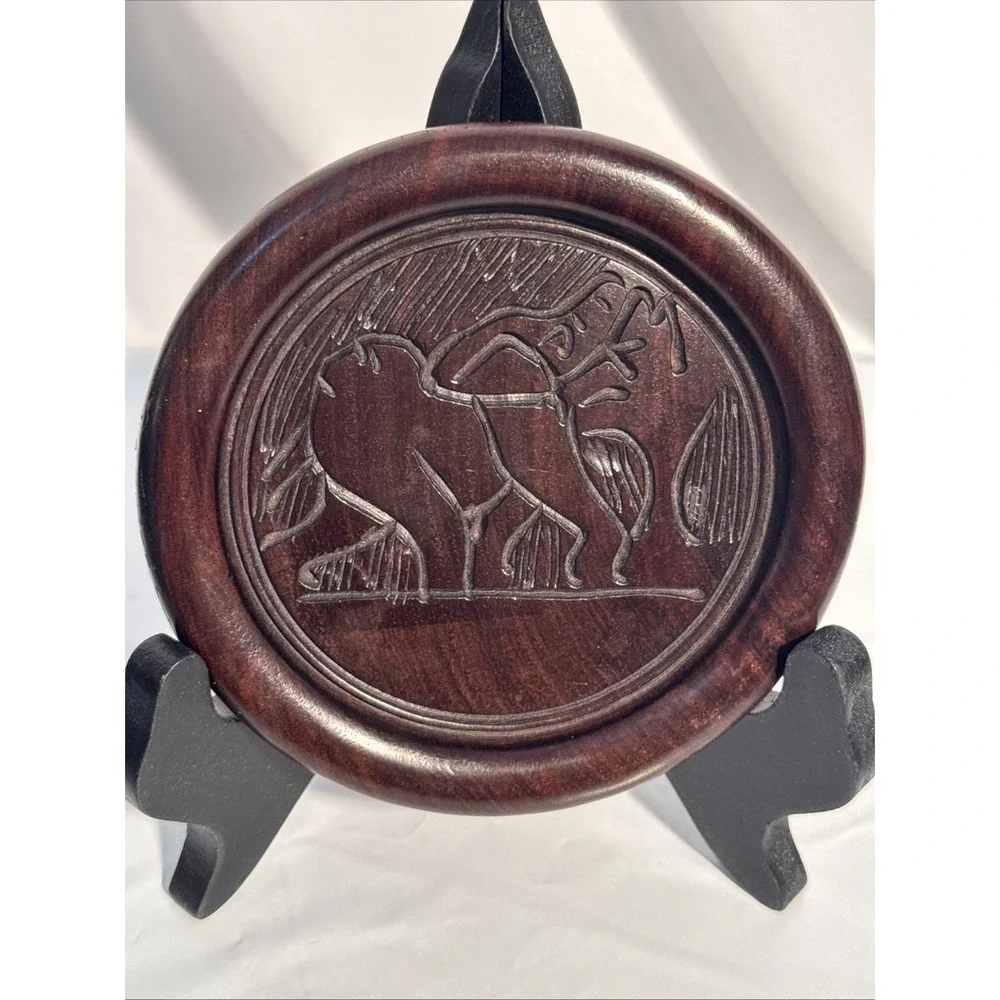 VTG Hand Carved African Ironwood Set of 6 Wooden Elephant Coasters Holder & Lid
